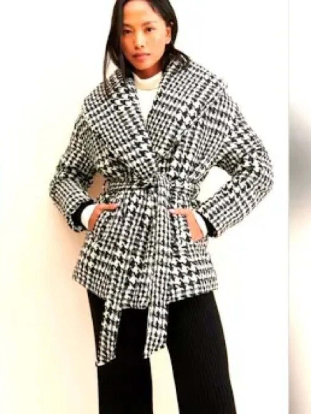 Blank Nyc Black And White Houndstooth Wrap Coat View 4